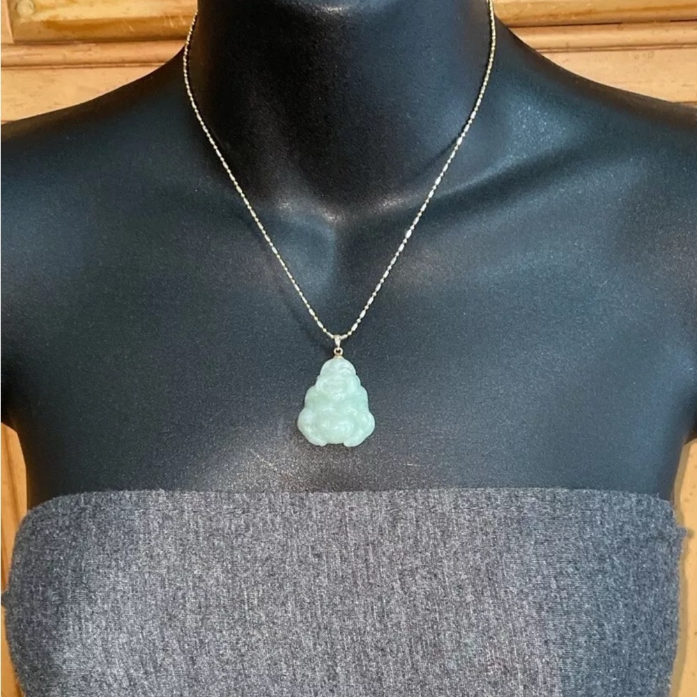 Solid 14K Yellow Gold Green Jade Happy Buddha  Lucky Pendant Charm for Necklace